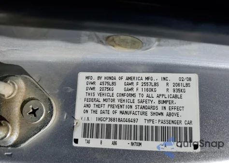 2008 Honda Accord Exl z USA, uszkodzony, nr VIN 1HGCP36818A046497